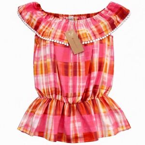 NWT Paper Crane Blouse Shirt Women's Large Pink Plaid Off Shoulder Peplum PomPom